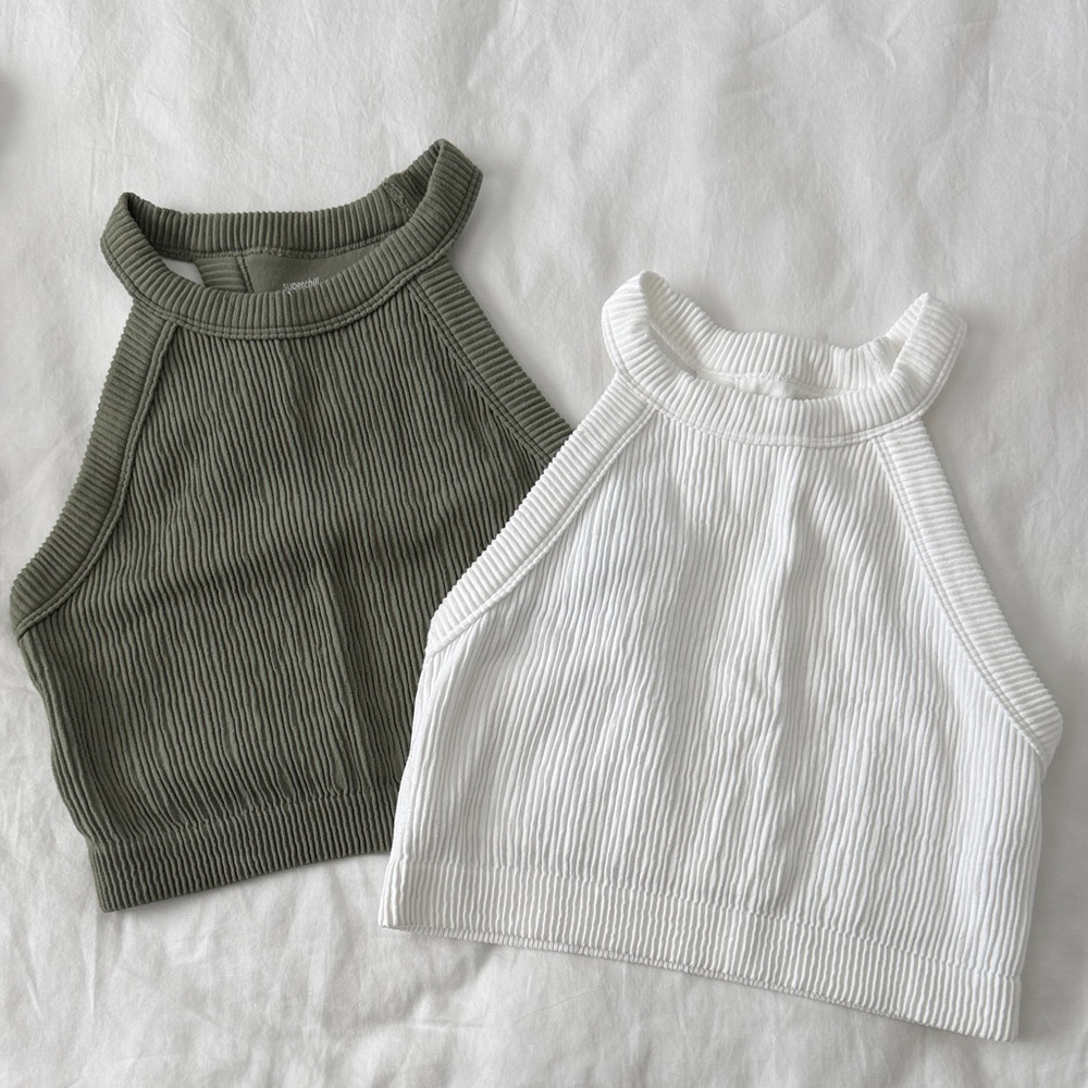 Aerie Super Chill Ribbed Halter Neck Crop Tops - Olive Green and White